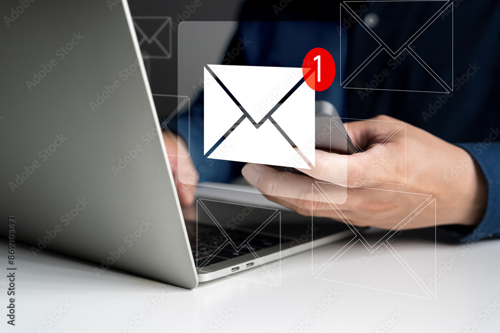 Poster hand of businessman using smartphone for email with notification alert.