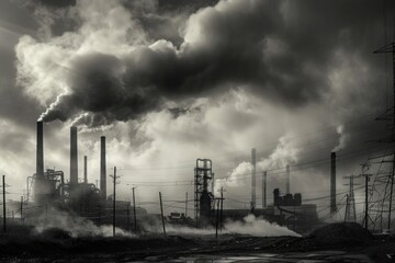 The chilling sight of towering smokestacks belching emissions into the dreary, overcast sky paints a bleak portrait of industrial decay