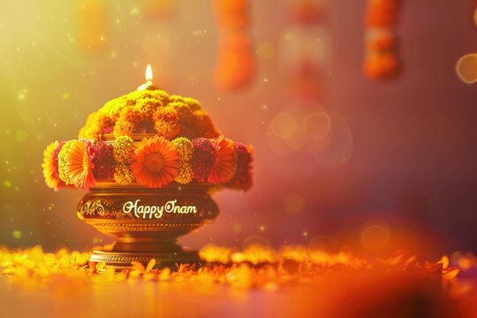 Joyous tradition: happy onam festival, celebrating vibrant cultural heritage of kerala, traditional dances, elaborate feasts, floral decorations, spirit of unity, prosperity.