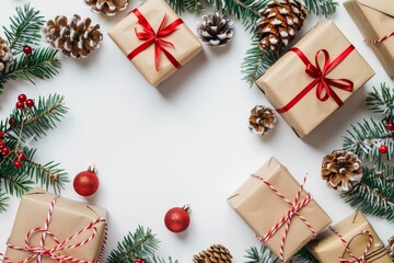 Wrapped gifts with red ribbons surrounded by festive pinecones and ornaments