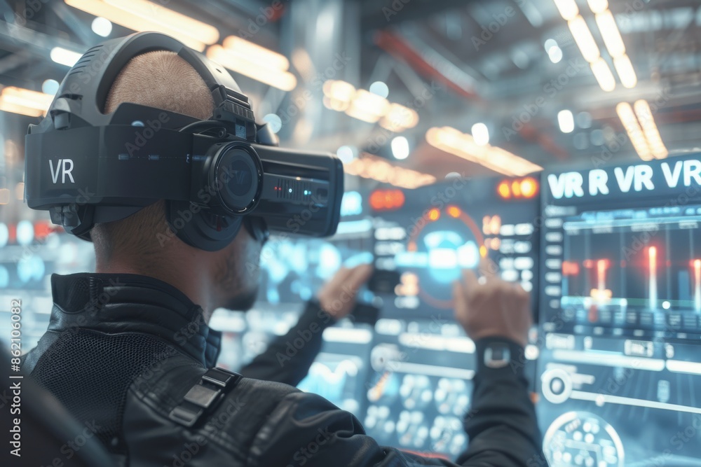 Aufkleber man using vr technology in an industrial setting, showcasing the application of virtual reality in i