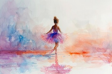 In soft watercolors against a light backdrop, a tiny ballerina, dressed in a violet tutu, takes her first steps into the world of dance, her charm and innocence shining through