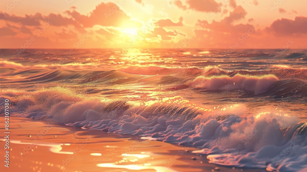 Poster the ocean is calm and the sun is setting, creating a beautiful. generate ai image