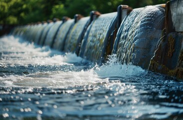 Water Flowing Over a Series of Concrete Weirs in a River