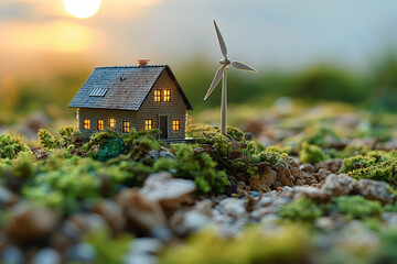 風力発電と家のミニチュア　エコのイメージ