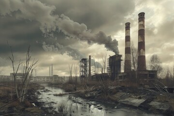Obraz premium The chilling sight of towering smokestacks belching emissions into the dreary, overcast sky paints a bleak portrait of industrial decay