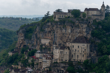 Rocamadour medieval village located on pilgrims route in Lot department in southwestern France, attracted visitors for its setting in gorge above tributary of River Dordogne, panoramic view