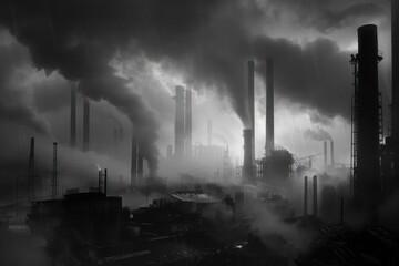 The chilling sight of towering smokestacks belching emissions into the dreary, overcast sky paints a bleak portrait of industrial decay