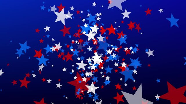 Red, white, and blue stars floating out from center on blue background for USA celebrations like 4th of July, Memorial Day, Veteran's Day, or other patriotic US American holidays.