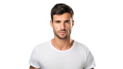 Portrait of a handsome man wearing white T-shirt, take shot from front view, studio photo, isolated on transparent background