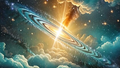 A Painting of a Spiral Galaxy with A Bright Star in the Background