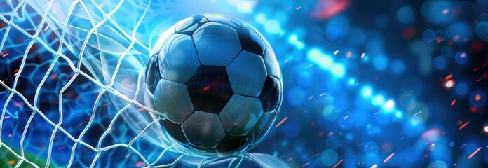 A soccer ball soaring into the goal against a blue backdrop, surrounded by light particles and a blurred light-colored background, rendered in 3D.