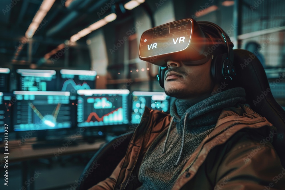 Aufkleber man immersed in vr experience in a high tech gaming environment, showcasing the immersive and advanc