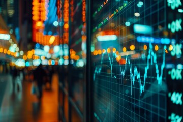 Fototapeta premium LED screen with stock data and city lights