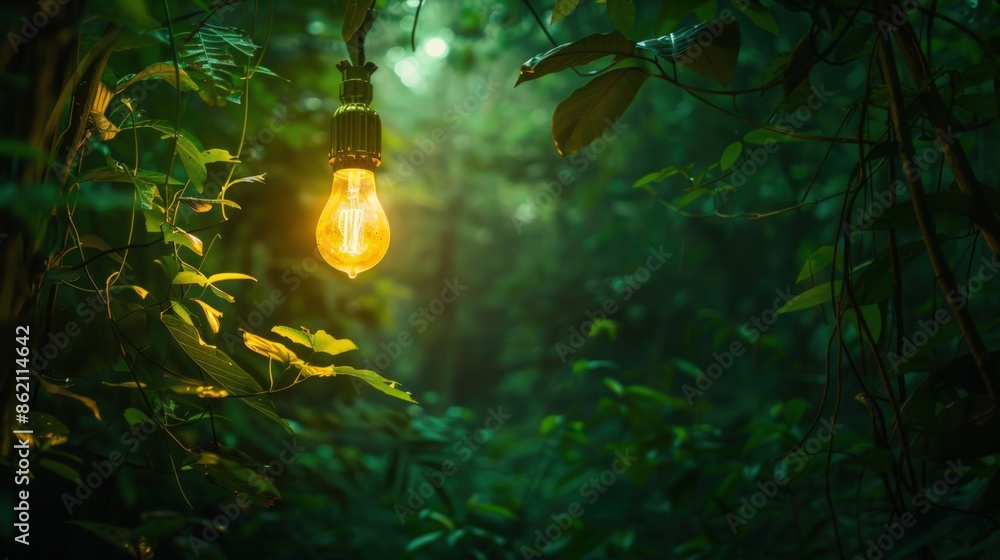 Poster a light bulb hanging from a tree in a jungle. generate ai image