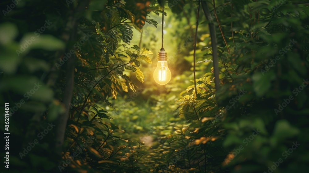Poster a light bulb hanging from a tree in a jungle. generate ai image
