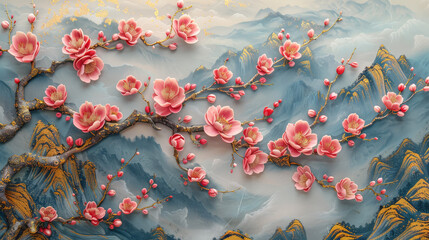 panel wall art, wall decoration, marble background with flowers designs