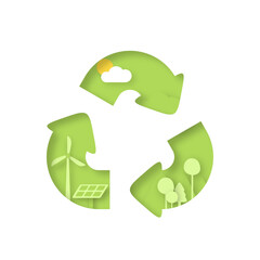 Recycle symbol of Sustainability in green eco friendly, alternative energy and ecology conservation concept background. Vector illustration in paper art craft style.