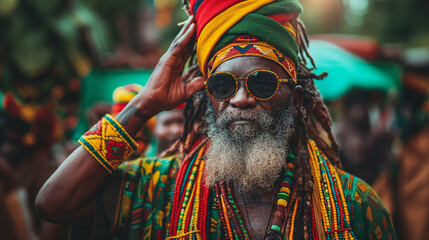 Rastafarian man wearing traditional clothing and accessories posing with hand on head