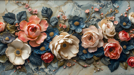 panel wall art, wall decoration, marble background with flowers designs