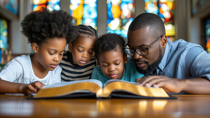 Father is teaching the bible to his three daughters in a church