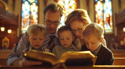 Family reading bible together in church pew © Andres Mejia