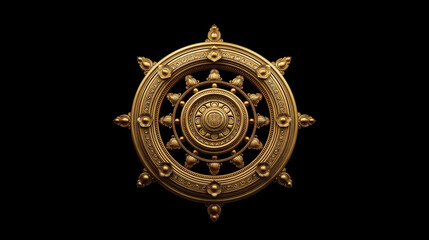 Golden dharma wheel shining on black background representing buddhism