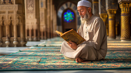 Muslim man reading the holy quran in a mosque