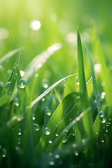 Fototapeta premium Morning Dew Drops Glistening on Fresh Green Grass Blades in a Sunlit Field Creating a Sparkling and Refreshing Scene