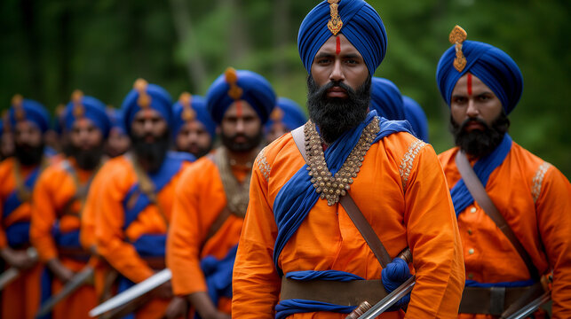 Group of sikh religious warriors standing in line outdoors
