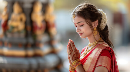 Young indian woman praying in traditional clothing in a temple