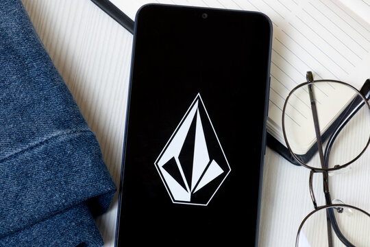New York, USA - 21 June 2024: Volcom Logo on Phone Screen, Company Icon