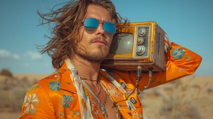Retro Adventure: Stylish Man Exploring the Desert with Vintage TV