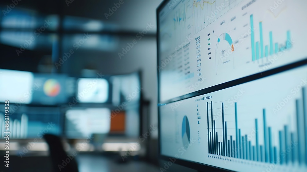 Aufkleber financial data displayed on multiple monitors in an office