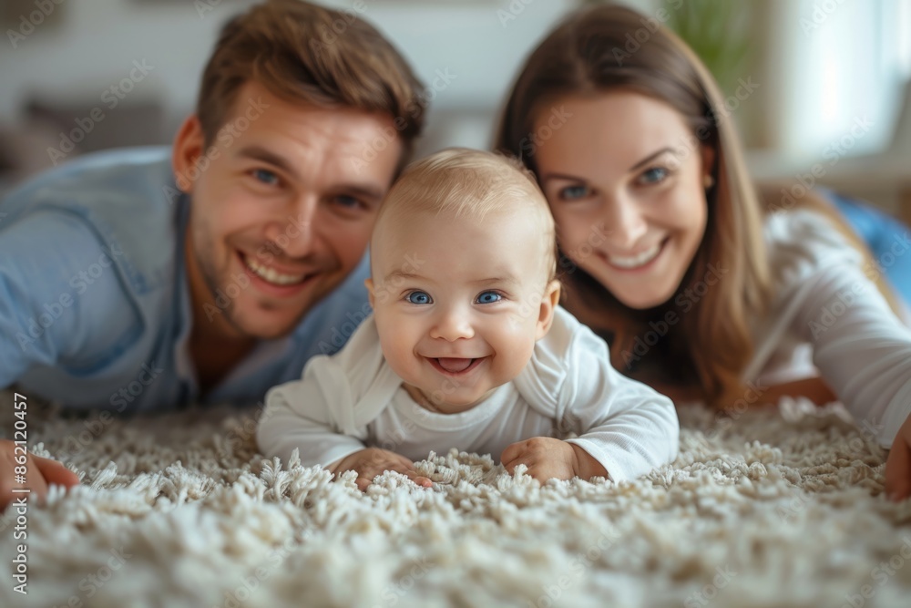 Wall mural Lovely young families playing together at home, parents lying on the living room floor playing with their young son, parent-child concept