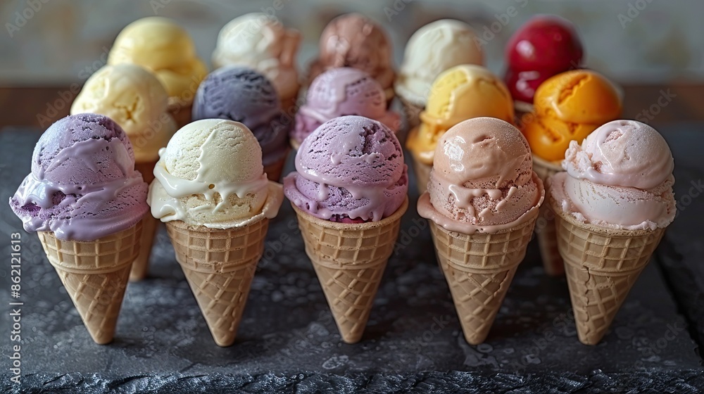 Wall mural Various of ice cream flavor in cones blueberry ,strawberry ,pistachio ,almond ,orange and cherry setup on dark stone background . Summer and Sweet menu concept. 