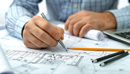 Naklejka premium Close-up of Architect's Hand Drawing on Blueprint