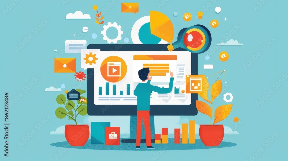 Poster businessman analyzing data on a computer screen