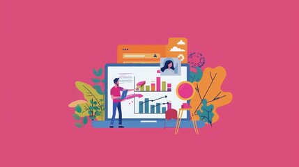 Man Analyzing Data On Laptop With Bar Charts And Arrows