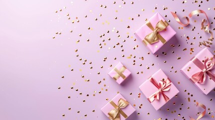 Valentine's Day banner with stylish gift boxes and golden confetti on a pastel lilac background AI generated
