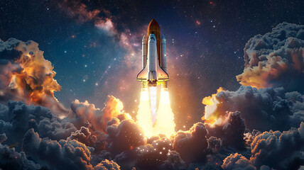 Close-up space shuttle flies sky