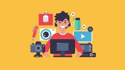 Man Working on a Computer with Various Gadgets Around Him