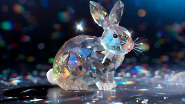 Prismatic rabbit figurine crafted from multifaceted crystal. Refracts light in vibrant rainbow hues. Sleek, modern interpretation of lagomorph form.