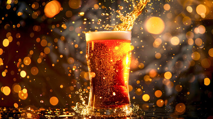 Splashing beer glass with golden amber liquid and frothy foam on dark background with sparkling bokeh and shimmering lights creating a celebratory joyful and festive atmosphere for a party holiday