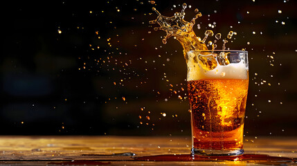 Splashing beer glass with vibrant golden hued effervescent liquid against a dark atmospheric background