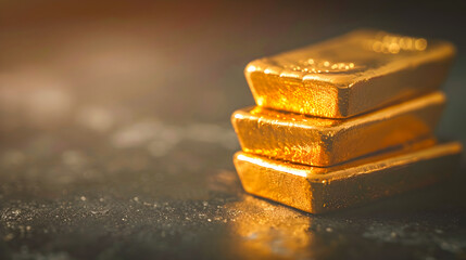 Stacks of gleaming pure gold bullion bars displayed on a dark background symbolizing wealth financial success investment and the strength of a robust business or economy