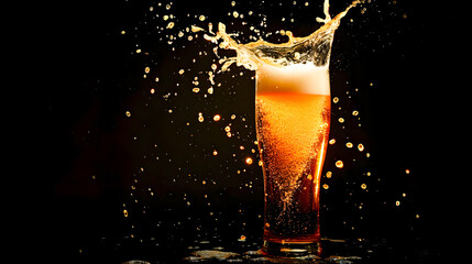 Splashing golden beer drink in glass with foam and bubbles on dark background  Energetic and dynamic liquid splash action in a pub bar or restaurant setting for a or party event