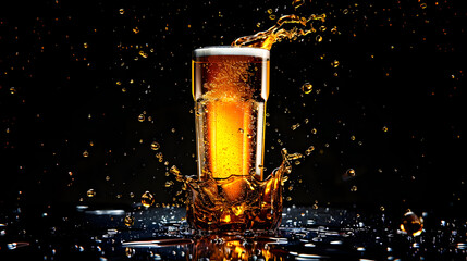 Striking image of a beer glass filled with a golden liquid with splashing water droplets creating a dynamic and captivating visual effect against a dark moody background