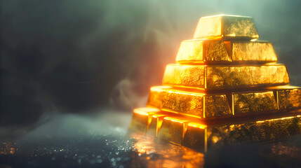 Stacks of solid shiny gold bullion bars arranged in a neat pattern on a dark moody background  This image represents the concept of financial wealth business success