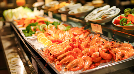 Stunning Seafood Buffet Spread Showcasing a Mouth Watering Variety of Fresh Shrimp Crab Lobster Salmon and Other Seafood Dishes Artfully Arranged on an Elegant Table for a Luxurious Dining Experience